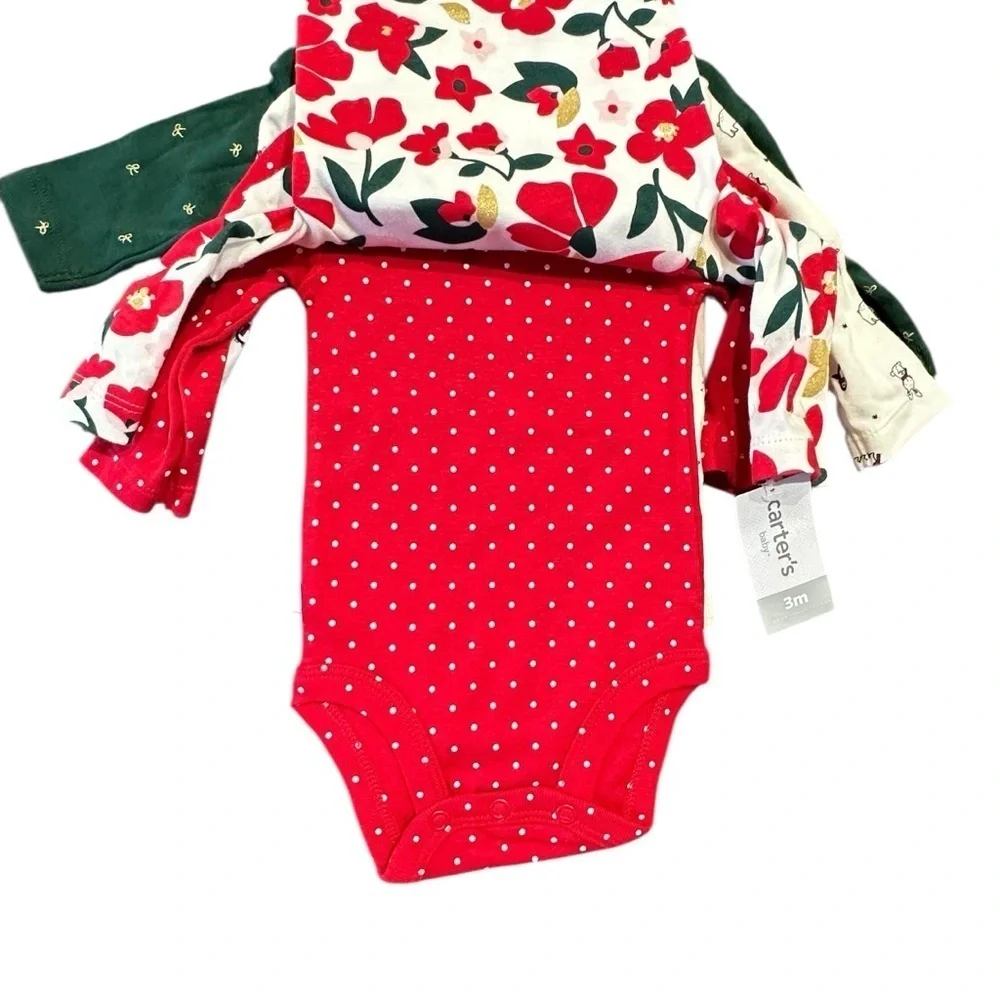 Carter’s NWT 4-Pack Christmas Bodysuits Long Sleeve Girls NB 3M